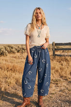 Horseshoe Print Denim Barrel Pants: Dark Denim