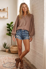 Henley Balloon Sleeve Sweater Top: BLACK