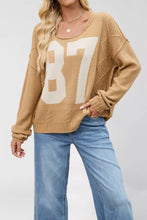 Varsity Number Knit Sweater - Oversized Pullover Top: Apricot / 100% Acrylic