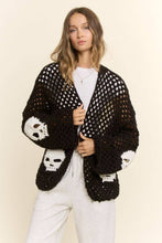 Skull Motif Crochet Open Cardigan: Black