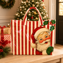 Vintage Santa Striped Holiday Coated Canvas Tote Bag