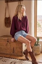 Henley Balloon Sleeve Sweater Top: BLACK