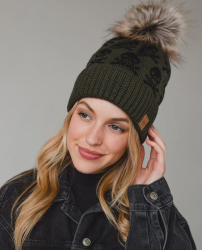 Skull Pattern Pom Hat- Olive