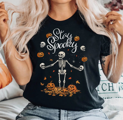 Stay Spooky Halloween Pumpkin & Skeleton Graphic Tee Shirt
