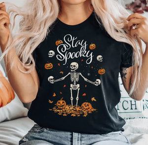 Stay Spooky Halloween Pumpkin & Skeleton Graphic Tee Shirt