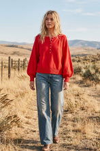Henley Balloon Sleeve Sweater Top: BLACK