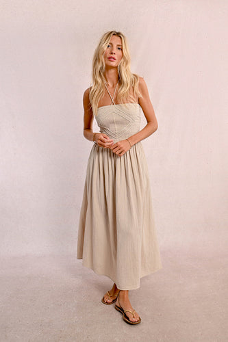 STRAPLESS SMOCKED DRESS- BEIGE