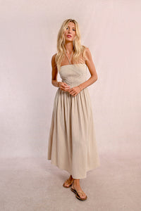 STRAPLESS SMOCKED DRESS- BEIGE