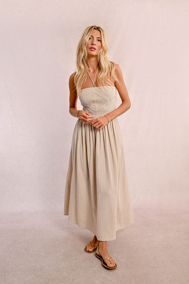 STRAPLESS SMOCKED DRESS- BEIGE