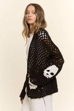 Skull Motif Crochet Open Cardigan: Black