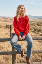 Henley Balloon Sleeve Sweater Top: BLACK