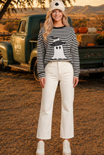 Halloween Ghost Appliqué Striped Long Sleeve Top: BLACK/WHITE
