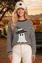 Halloween Ghost Appliqué Striped Long Sleeve Top: BLACK/WHITE