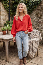 Henley Balloon Sleeve Sweater Top: BLACK