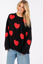Oversized Valentine Side Slit Heart Sweater: BLACK/RED