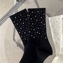 Rhinestone Ribbed Simple Cotton Socks- White