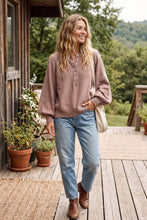 Henley Balloon Sleeve Sweater Top: BLACK