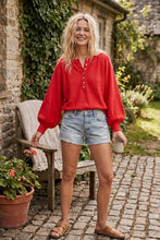 Henley Balloon Sleeve Sweater Top: BLACK