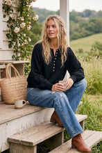 Henley Balloon Sleeve Sweater Top: BLACK