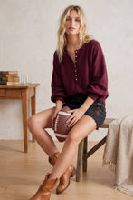 Henley Balloon Sleeve Sweater Top: BLACK