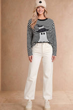 Halloween Ghost Appliqué Striped Long Sleeve Top: BLACK/WHITE
