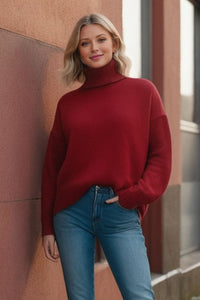 Cozy Turtleneck Dropped Shoulder Long Sleeve Sweater