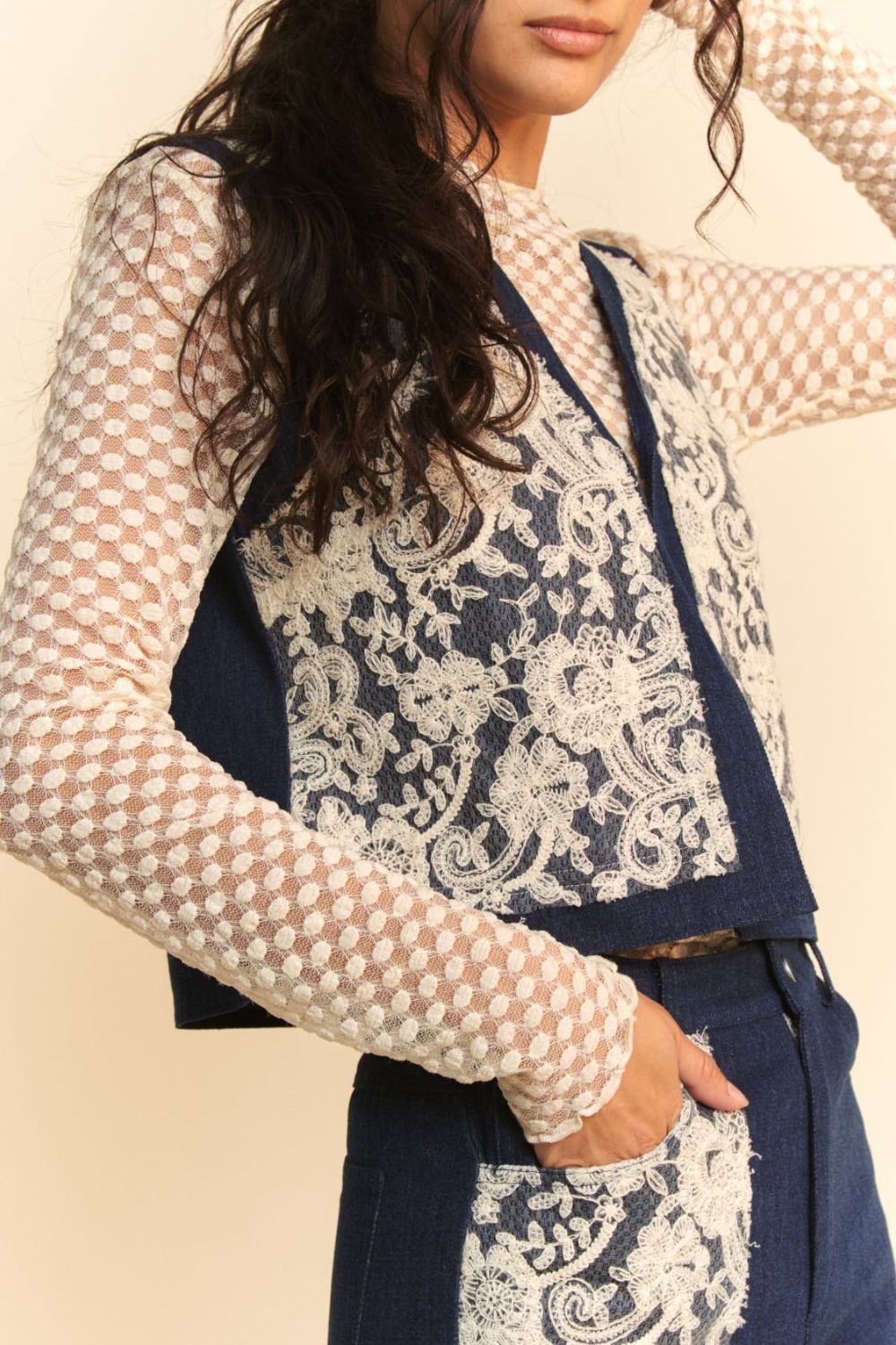 Davi & Dani Lace Patch Open Front Denim Vest