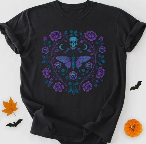 Gothic Floral Skulls Fall and Halloween Graphic Tee