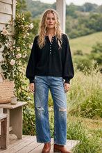 Henley Balloon Sleeve Sweater Top: BLACK
