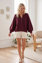 Henley Balloon Sleeve Sweater Top: BLACK
