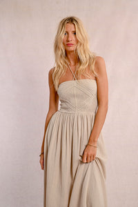 STRAPLESS SMOCKED DRESS- BEIGE