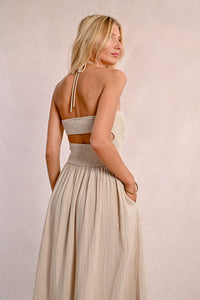 STRAPLESS SMOCKED DRESS- BEIGE