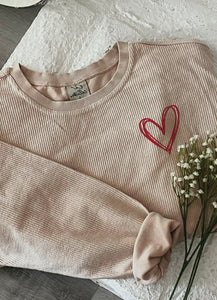 Heart Scribble Cropped Thermal Vintage Top- Latte