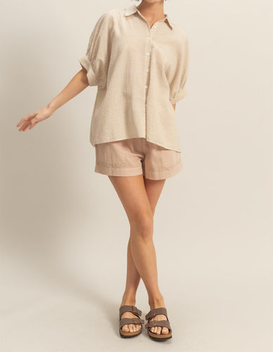 Taupe & White Drop Sleeve Button Down