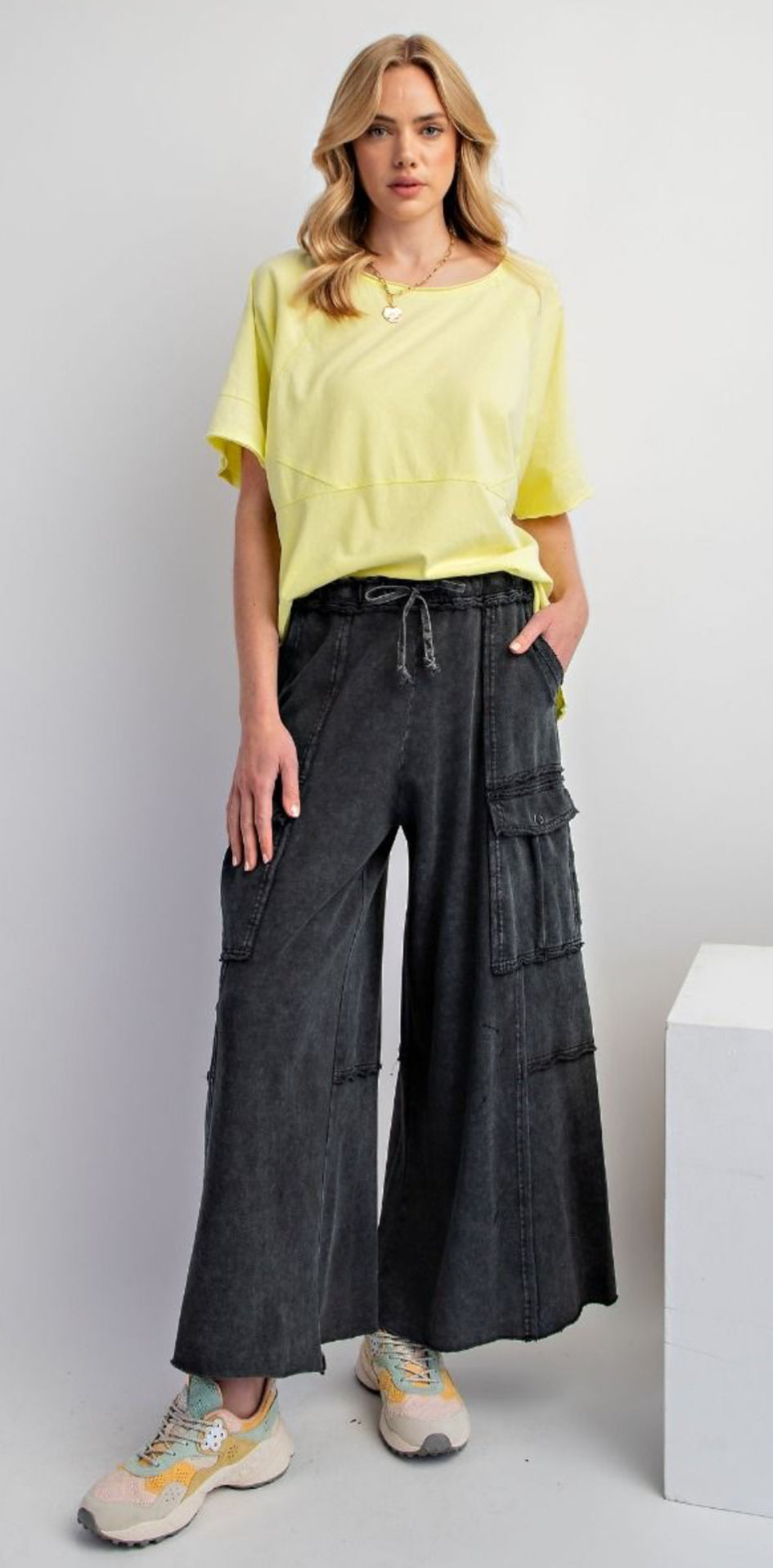 Black Mineral Washed Wide Leg Pant