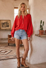 Henley Balloon Sleeve Sweater Top: BLACK