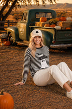 Halloween Ghost Appliqué Striped Long Sleeve Top: BLACK/WHITE