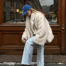 Faux Fur Collar Jacket Loose Paneled Lapel Outerwear: Brown / M