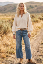 Henley Balloon Sleeve Sweater Top: BLACK