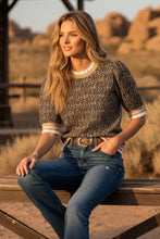 Leopard Print Knit Top with Contrast Trim: TAUPE COMBO