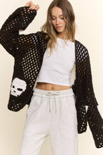 Skull Motif Crochet Open Cardigan: Black