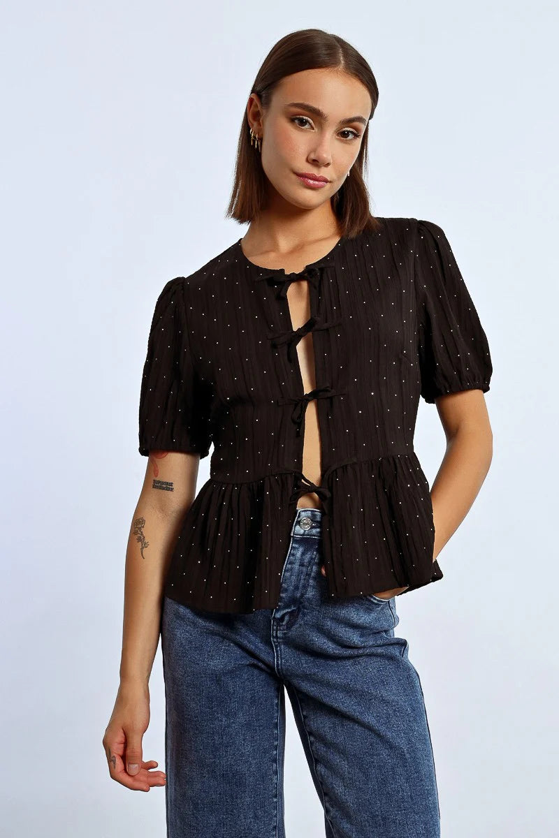 Black Rhinestone Dotted Top