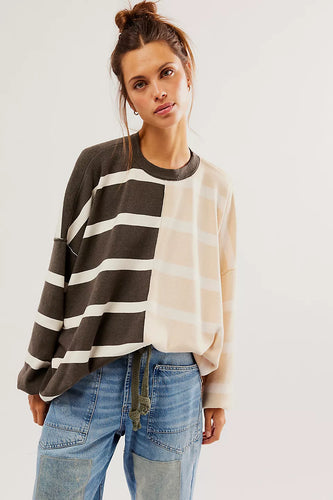 Free People Uptown Stripe Pullover (Camel/Grey)