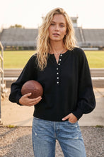 Henley Balloon Sleeve Sweater Top: BLACK