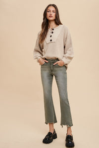 Annie Wear Half Button Ribbed Hem Sweater