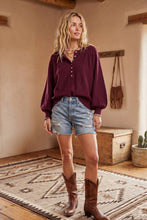 Henley Balloon Sleeve Sweater Top: BLACK