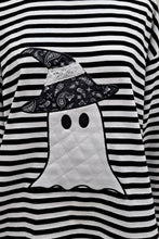 Halloween Ghost Appliqué Striped Long Sleeve Top: BLACK/WHITE