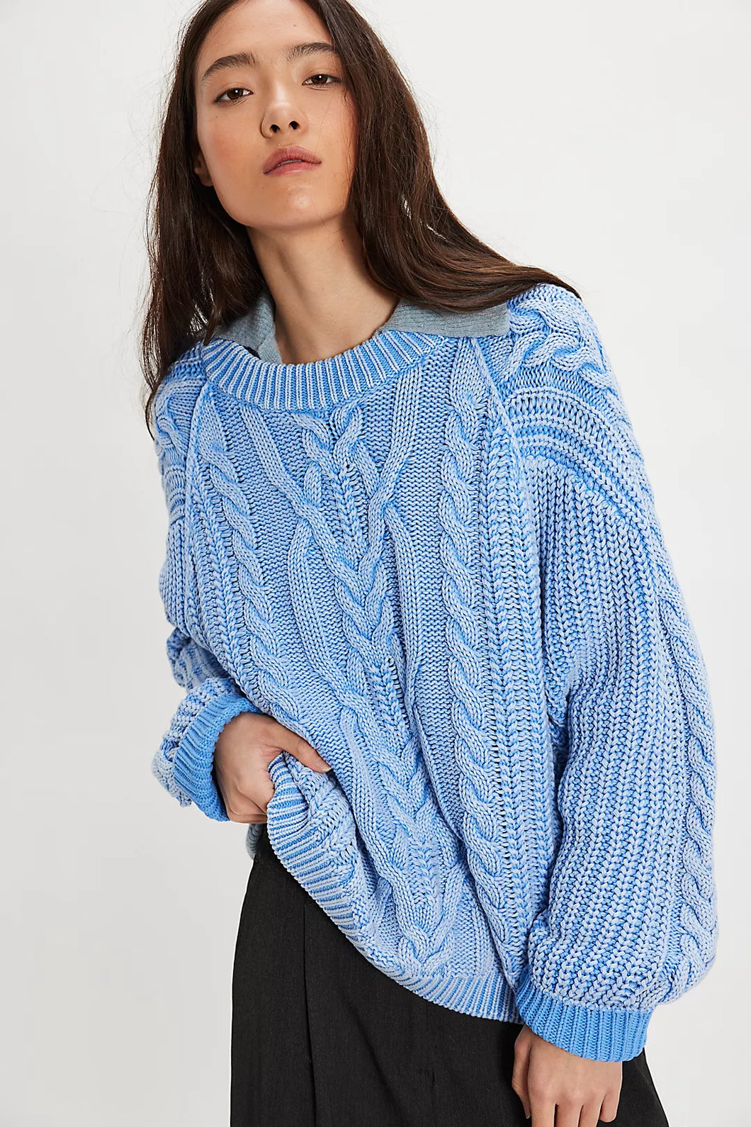 Free People Frankie Cable Sweater- Della Robbia Blue