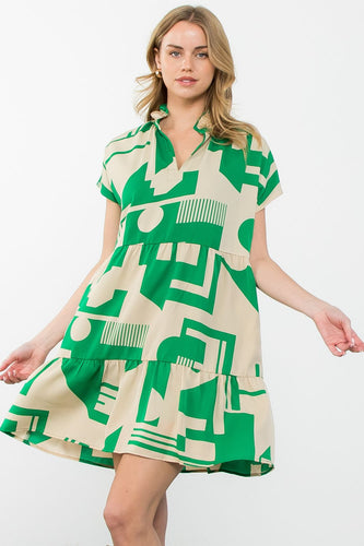 Green SS Print Midi Dress