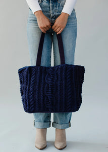 Navy blue cable knit tote bag